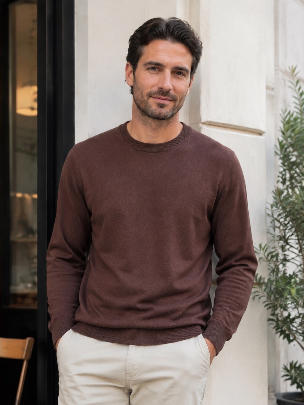 Christian LaCroix Men's 100% Merino Wool Brown Crewneck Sweater Size L